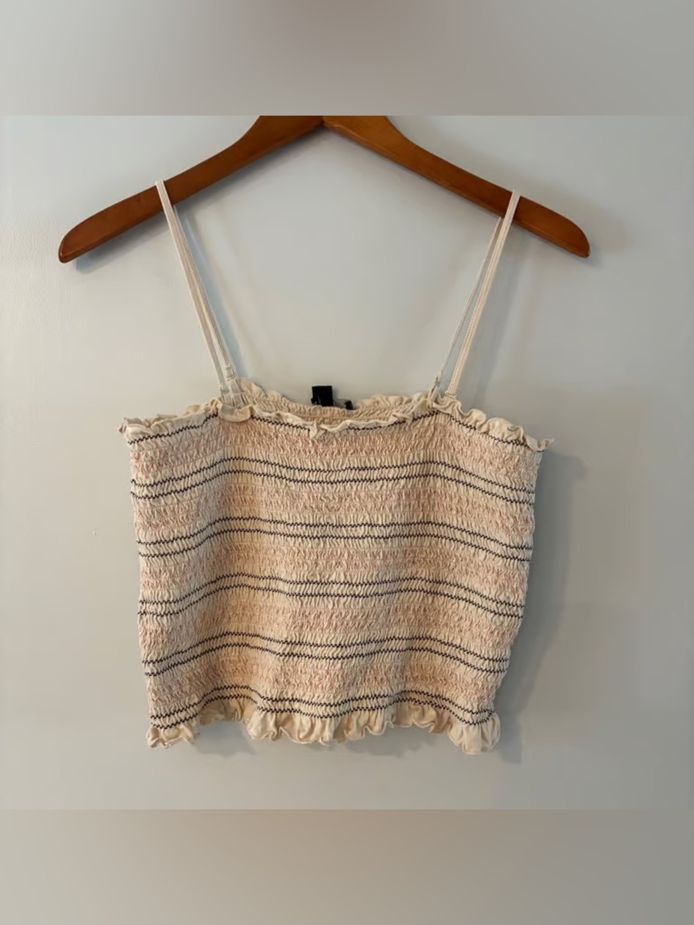 Beige Smocked Spaghetti Strap Crop Top